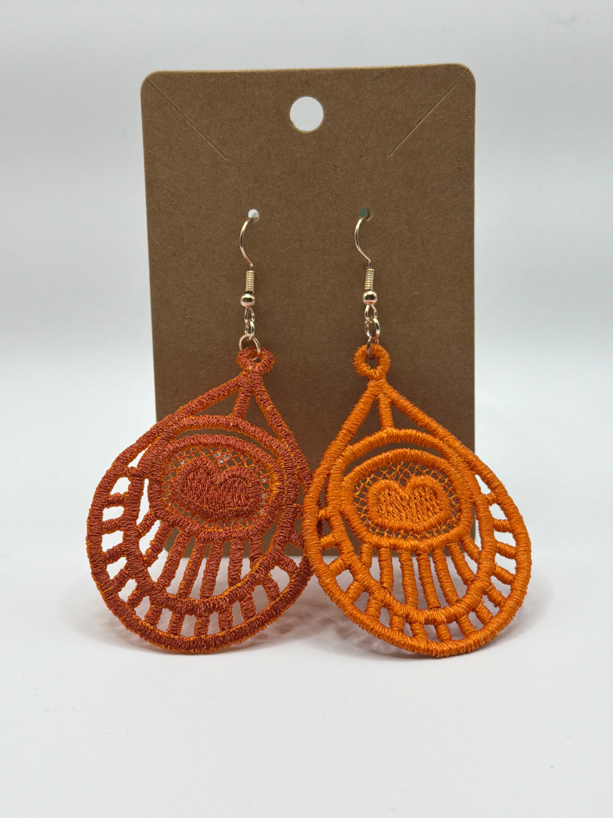 Two Tone Orange Lace Deco Heart Earrings