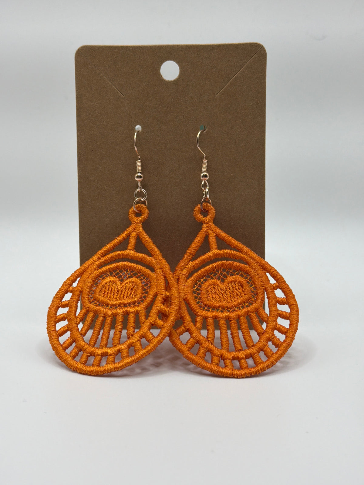 Two Tone Orange Lace Deco Heart Earrings