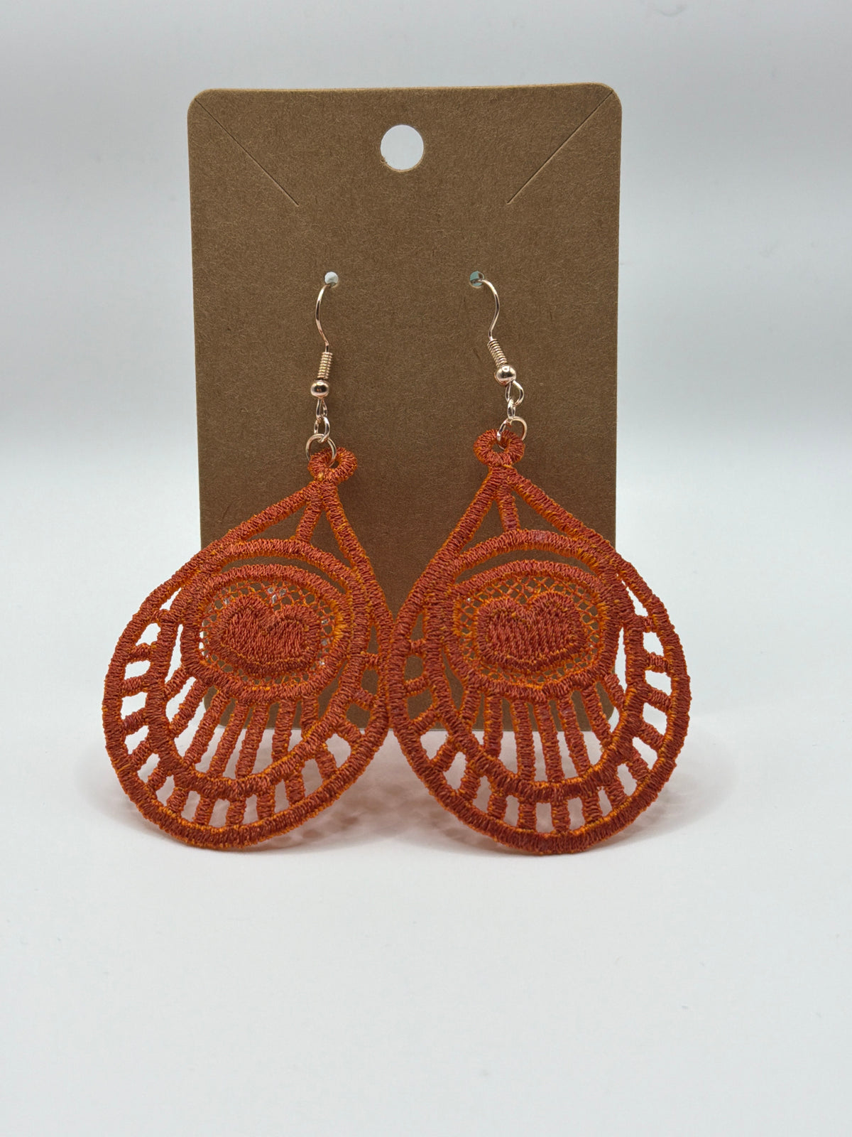 Two Tone Orange Lace Deco Heart Earrings