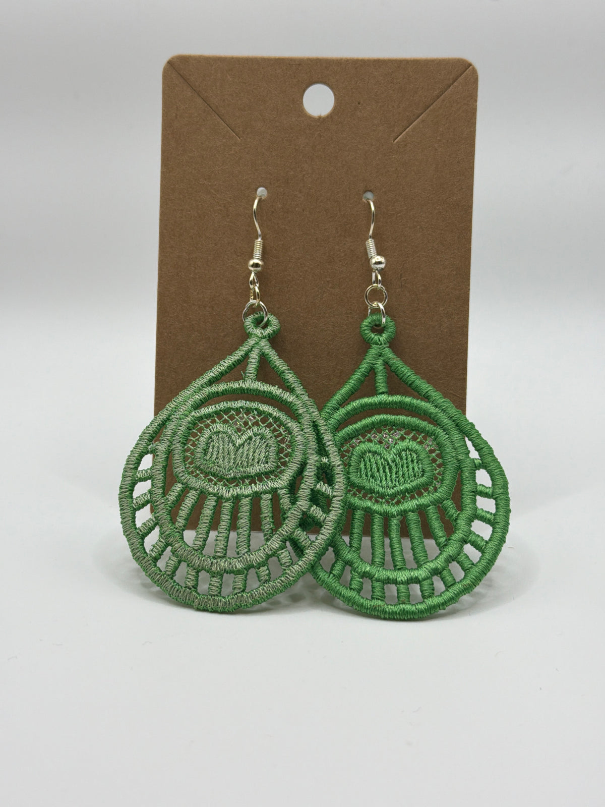 Two Tone Green Lace Deco Heart Earrings