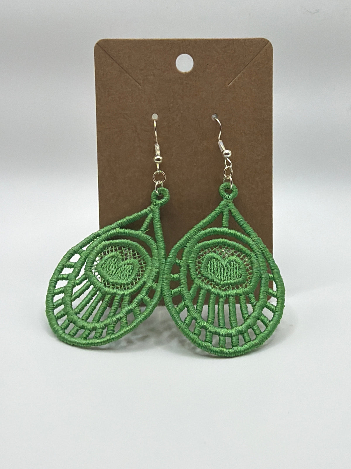 Two Tone Green Lace Deco Heart Earrings