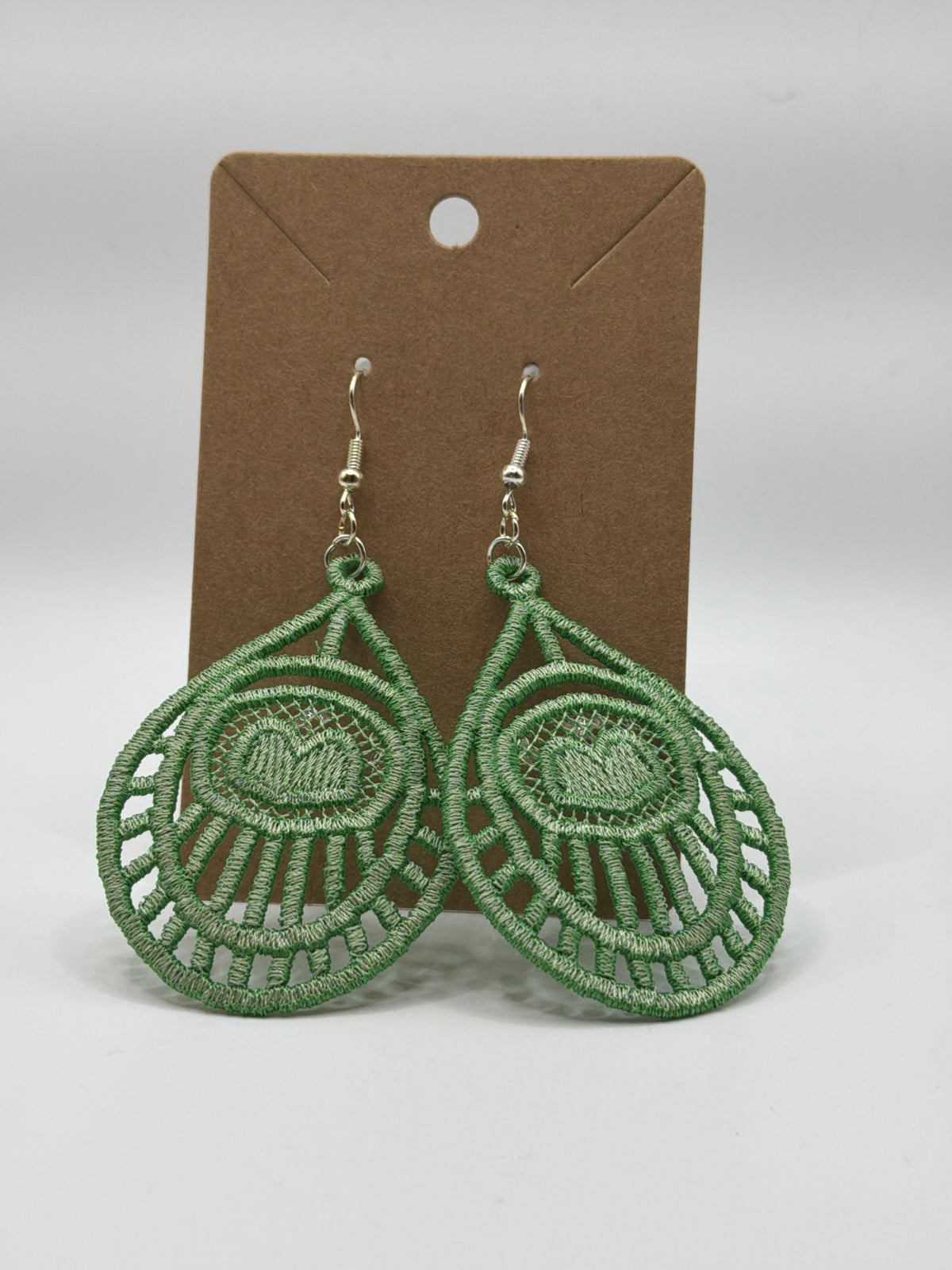 Two Tone Green Lace Deco Heart Earrings